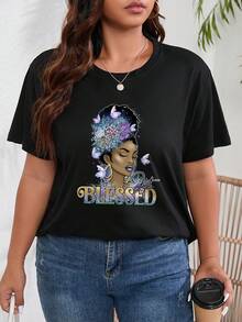 SHEIN Unity Của phụ nữ Kích thước lớn Nhân vật In Áo thun - màu đen - Xem 4