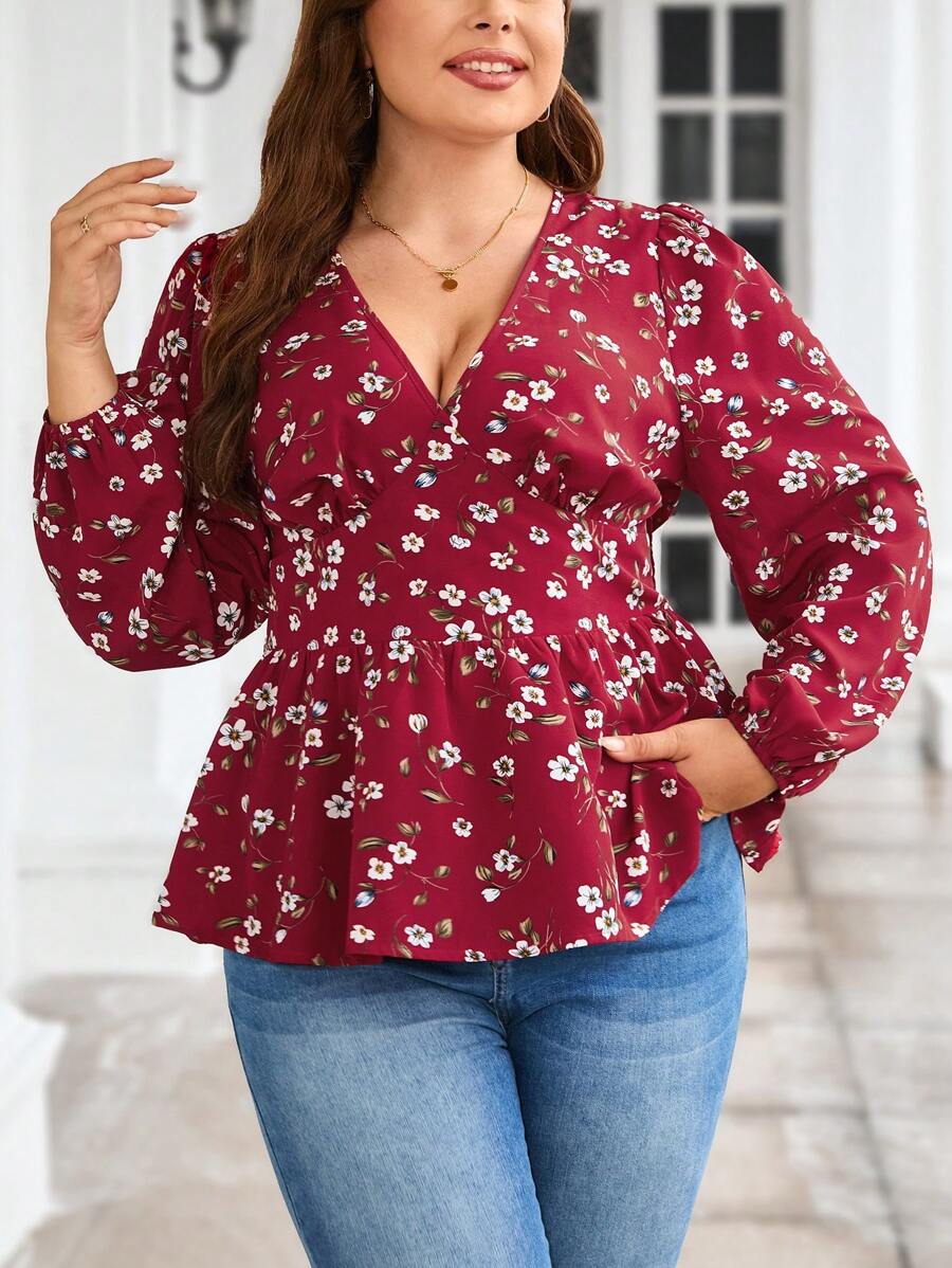 SHEIN Clasi 加上花卉印花燈籠袖荷葉邊襯衫 - 彩色 - 查看 1