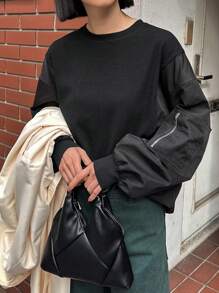 FRIFUL 女式拼布袖落肩卫衣、长袖上衣、秋装 - 黑色 - 查看 8