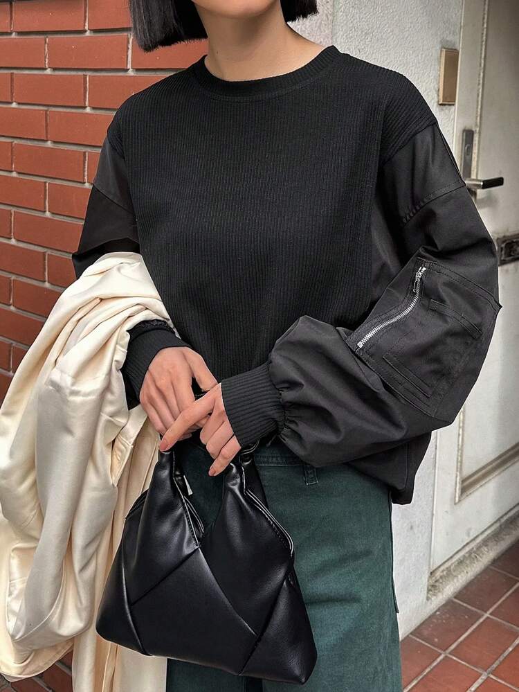 Women's Patchwork Sleeve Drop Shoulder Sweatshirt,Long Sleeve Tops,Fall Clothes