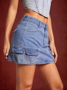 Flap Pocket Denim Skirt - Medium Wash - View 6