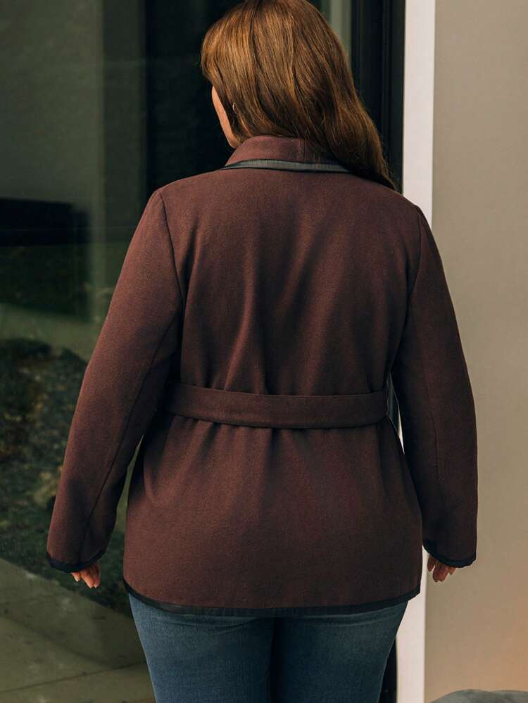 Plus Contrast Binding Waterfall Collar Belted Overcoat