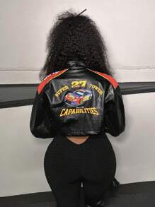 Slaydiva Street Motorcycle Style Women's Short Jacket With Red Flame Pattern Print, Black PU Leather - Black - View 2