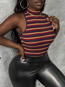 Slaydiva 女性小立領條紋圖案背心 - 彩色 - 查看 4