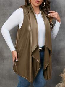 SHEIN LUNE Plus Draped Front PU Leather Vest Coat - Brown - View 3