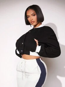 SHEIN SXY 性感俱樂部外套,秋冬時尚女士短羊毛外套,彩色拼縫設計 - 黑與白 - 查看 8