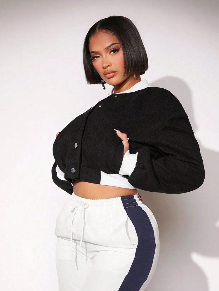 Sexy Clubwear Varsity Jacket, Autumn & Winter Casual Women'S Short Woolen Coat With Color Blocking Design