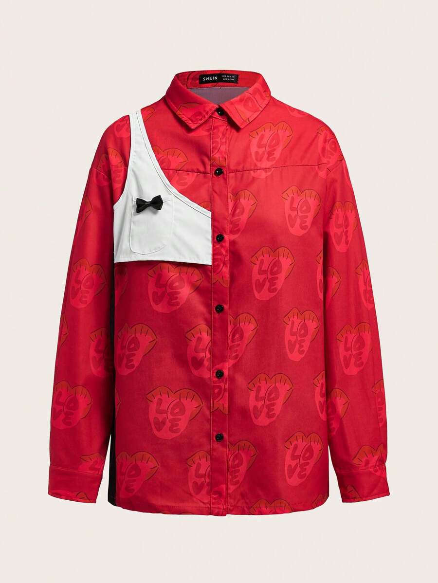 SHEINNeu 字母和花卉印花蝴蝶結和前紐扣襯衫