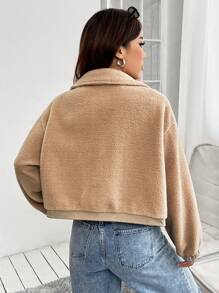 SHEIN Unity Flap Pocket Drop Shoulder Drawstring Teddy Jacket - Brown - View 2