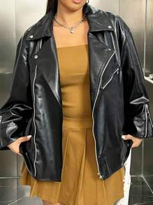 SHEIN EZwear 大尺碼純色拉鍊夾克 - 黑色 - 查看 1