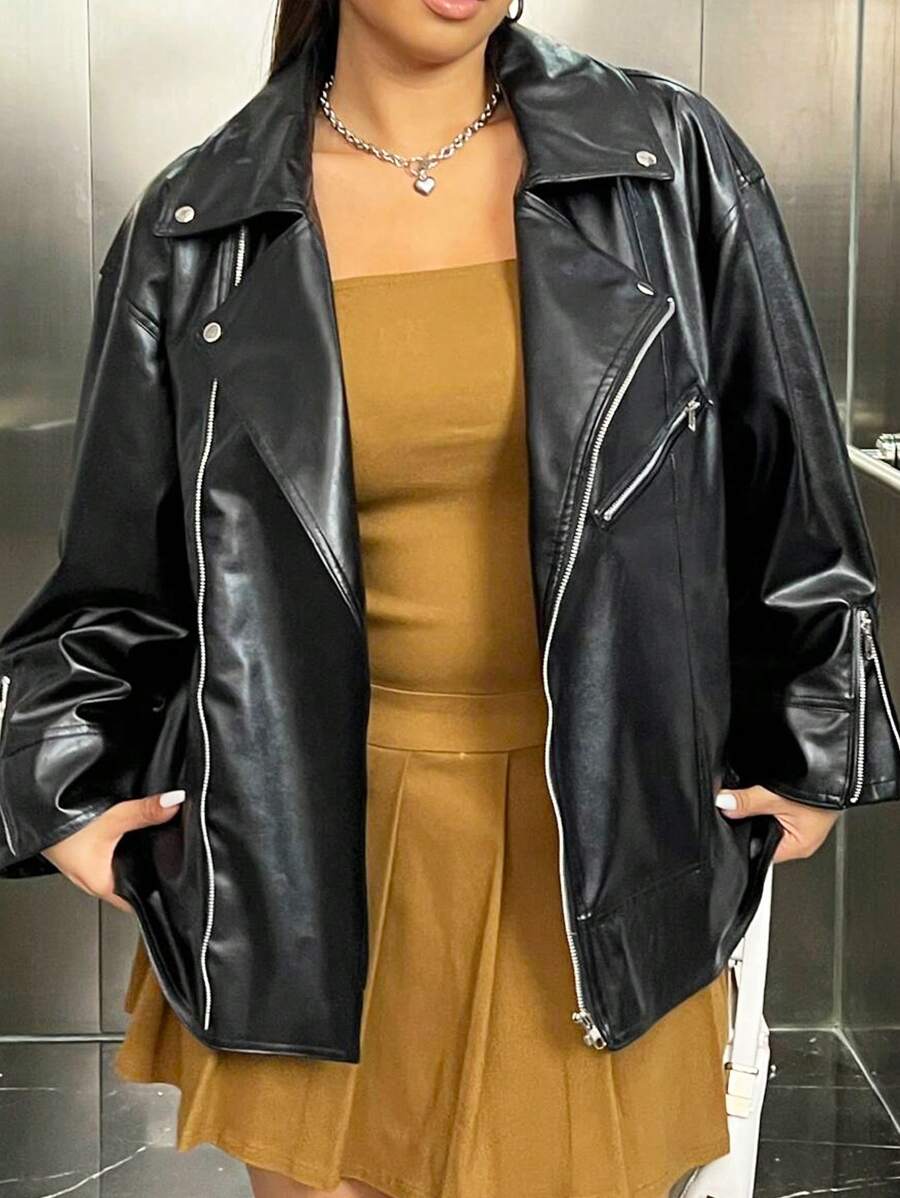 SHEIN EZwear 大尺碼純色拉鍊夾克 - 黑色 - 查看 1