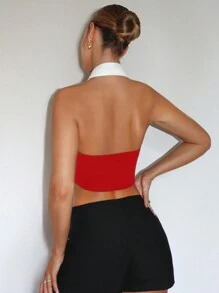 SHEINNeu 拼接領露背掛脖上衣 - 紅色 - 查看 2