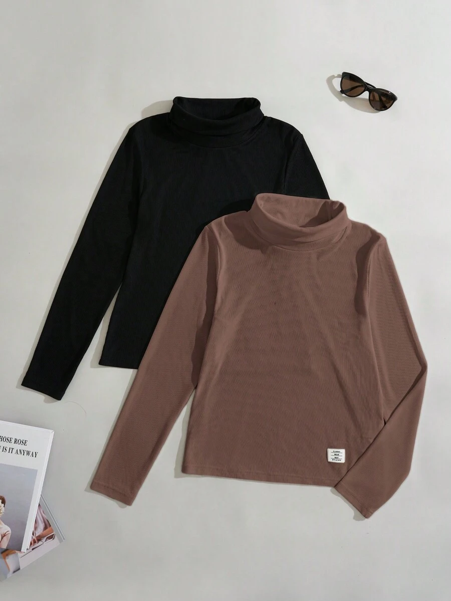 SHEIN EZwear Kvinnors Stickad Polokrage T-shirts Uppsättningar , 2 st. - Multifärgad - Visa 1