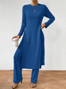 SHEIN LUNE Bộ quần áo thun tay ngắn dệt kim có gân thiết kế xẻ tà - Màu xanh lam - Xem 5