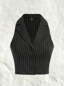 SHEIN EZwear Hơn In sọc Mùa vụ Áo khoác Vest Without Tee - Đen và trắng - Xem 1