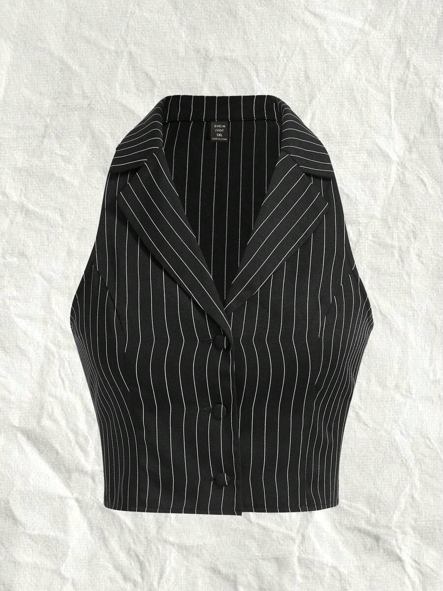 SHEIN EZwear Hơn In sọc Mùa vụ Áo khoác Vest Without Tee - Đen và trắng - Xem 1