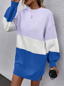 SHEIN LUNE 女款三色圓領拼布設計中長毛衣連身裙 - 彩色 - 查看 6