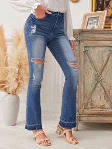 SHEIN LUNE High Waist Flared Jeans With Distressed Design - Medium Wash - View 3