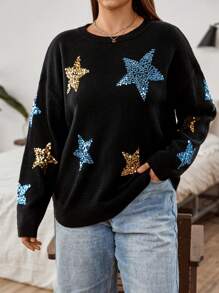 SHEIN Unity 亮片星形图案落肩毛衣，适合冬季或秋季穿着的针织套头衫 - 黑色 - 查看 5