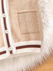 男童条纹拼布装饰边纽扣背心开衫 - 卡其色 - 查看 6