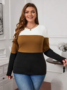 SHEIN LUNE Plus Color Block Ribbed Knit Tee - Multicolor - View 6