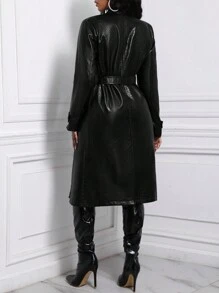 Slaydiva 鳄鱼纹皮领口系带风衣 - 黑色 - 查看 2