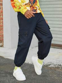 SHEIN Boys' Solid Color Cargo Pants - Navy Blue - View 1
