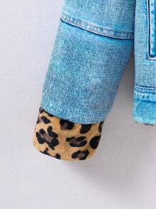 SHEIN 青少年女孩休闲衬衫领撞色豹纹夹克，带保暖内衬，冬季 - 藍色 - 查看 3