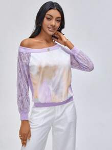 MCiro Designer Batik Kontrast Spitze Raglanärmel Oberteil, für Urlaub, Ausflug, Frühling, Ausgehen, Festival, Ibiza Passform