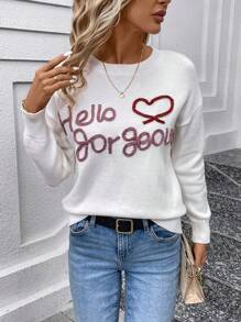 SHEIN LUNE Heart & Slogan Pattern Drop Shoulder Sweater - White - View 5