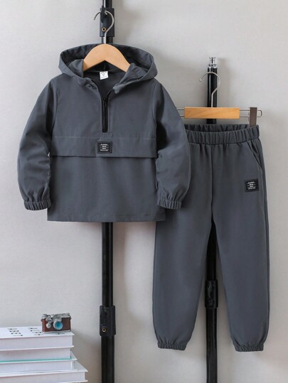 SHEIN Explorewe Young Boy Hooded Top And Pants Set With Patched Details