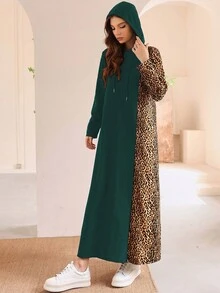 Mulvari 女士綠色豹紋印花和束腰設計的連帽長袖裙 - 綠色 - 查看 4
