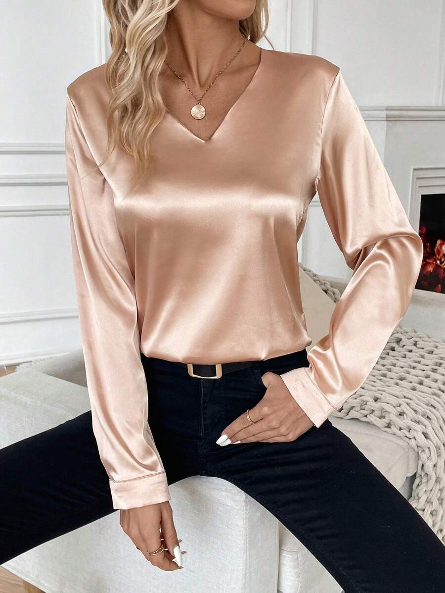 SHEIN Clasi 優雅聚會色鄉長袖直筒襯衫 - 摩卡棕 - 查看 1