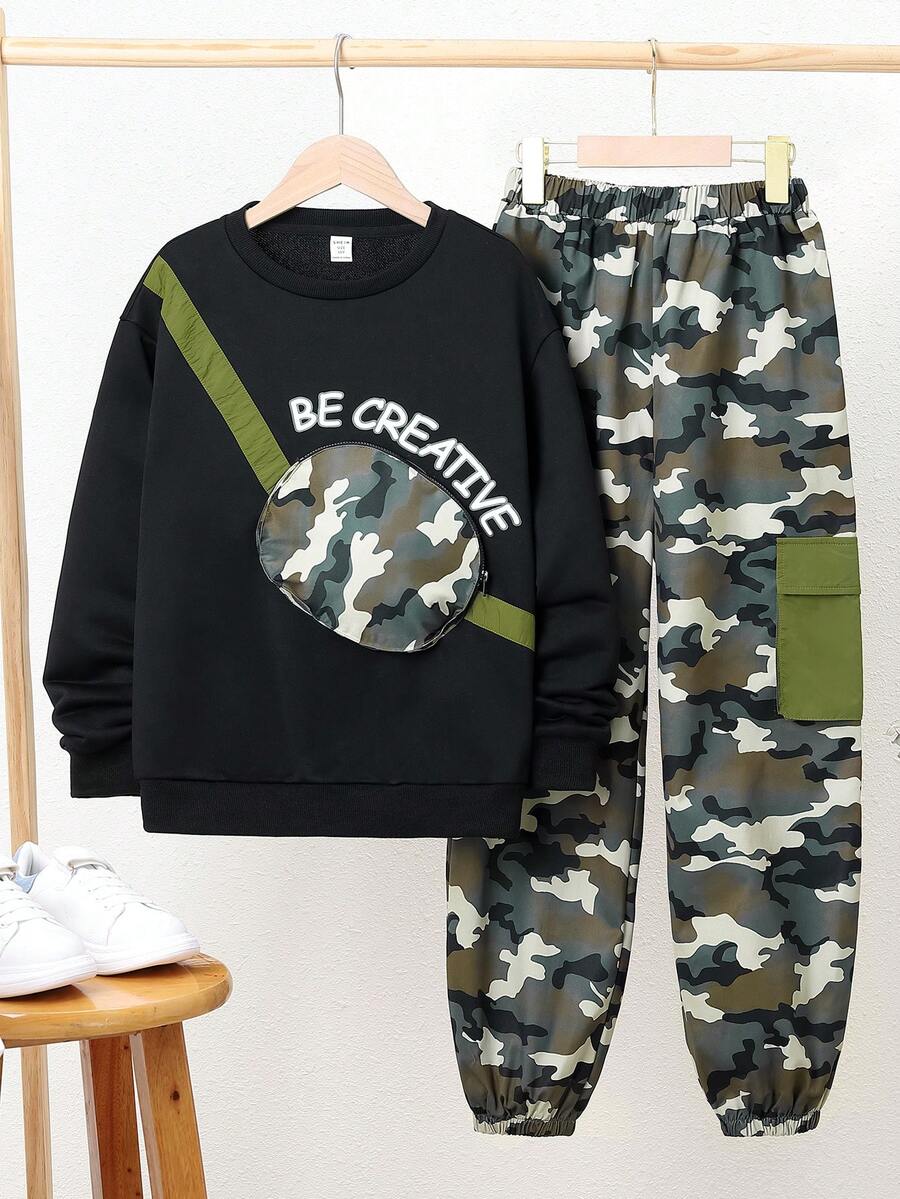 SHEIN Cậu bé Tween Camo & Đồ họa Chữ cái Áo chui đầu & Túi có nắp Quần - xanh quân đội - Xem 1