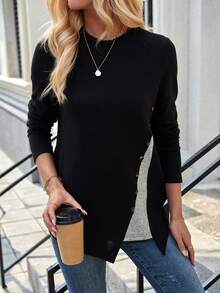 SHEIN LUNE Color Block Button Detail Asymmetrical Hem T-Shirt - Black - View 6