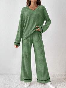 SHEIN Frenchy Viền tương phản Áo thun Thả vai & Quần - xanh quân đội - Xem 3