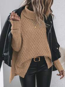 SHEIN LUNE High Neck Drop Shoulder Sleeve Sweater - Khaki - View 3