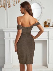 SHEIN Belle Metal Material Off Shoulder Volume Ruched Shoulder Sleeves Asymmetrical Hem Cocktail Dress Women's Dress - Silver - View 4