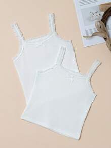 SHEIN Vintaside Kids Young Girl 2pcs Lace Trim Bow Front Cami Top