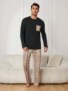 男士格紋長袖 T 恤和褲子家居服套裝 - 彩色 - 查看 2