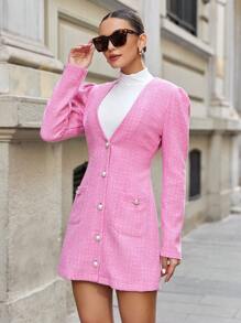 SHEIN Cottnline Women's Plaid Puff Sleeve Short Dress - Hot Pink - View 5