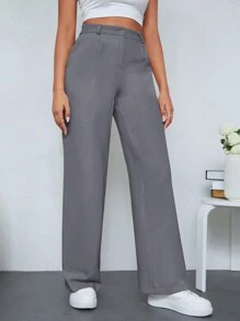 SHEIN Cottnline Solid Color Straight Leg Women's Suit Pants - Grey - View 4
