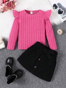 SHEIN Hàng mới đến Nhỏ bé Cô gái Dệt kim Sọc Áo Với Nơ Thắt lưng & Vải to sợi Váy Hai chiếc Bộ - Nhiều màu - Xem 1