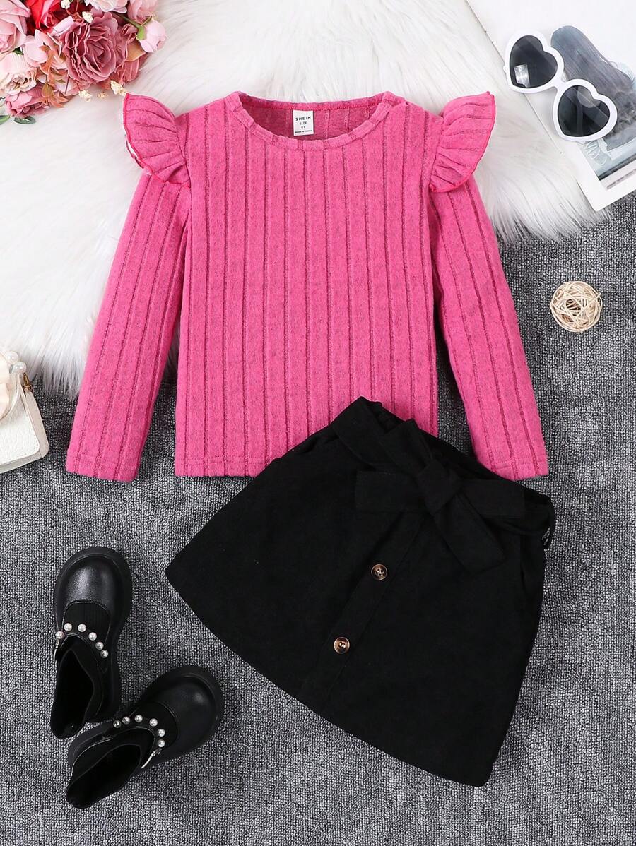 SHEIN Hàng mới đến Nhỏ bé Cô gái Dệt kim Sọc Áo Với Nơ Thắt lưng & Vải to sợi Váy Hai chiếc Bộ - Nhiều màu - Xem 1