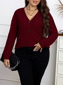 Elenzga Plus Size V-Neck Long Sleeve T-Shirt, For Thanksgiving Fall Cloth For Women - Burgundy - View 3