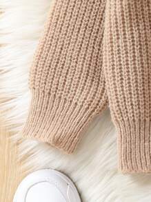 SHEIN Suéter De Hombro Caído Con Patrón De Conejo Con Detalles Pompones Para Niña Joven - Caqui - Ver 4