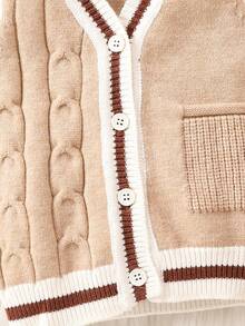 男童条纹拼布装饰边纽扣背心开衫 - 卡其色 - 查看 5