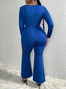 Slaydiva V 字形純色短上衣和喇叭褲套裝 - 藏蓝色 - 查看 4