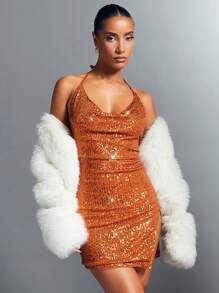SHEIN BAE Christmas Draped Collar Backless Split Hem Sequin Halter Dress - Orange - View 1