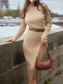 SHEIN Frenchy 素色條紋針織毛衣洋裝不附腰帶 - 卡其色 - 查看 3